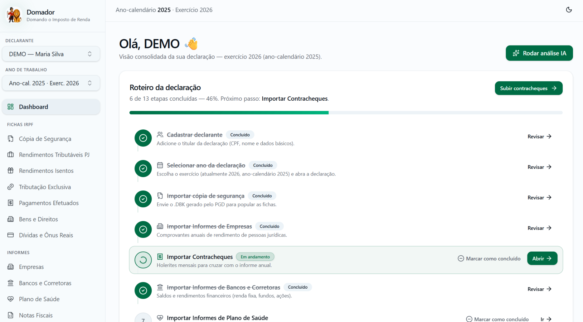 Dashboard do Domador com roteiro da declaração