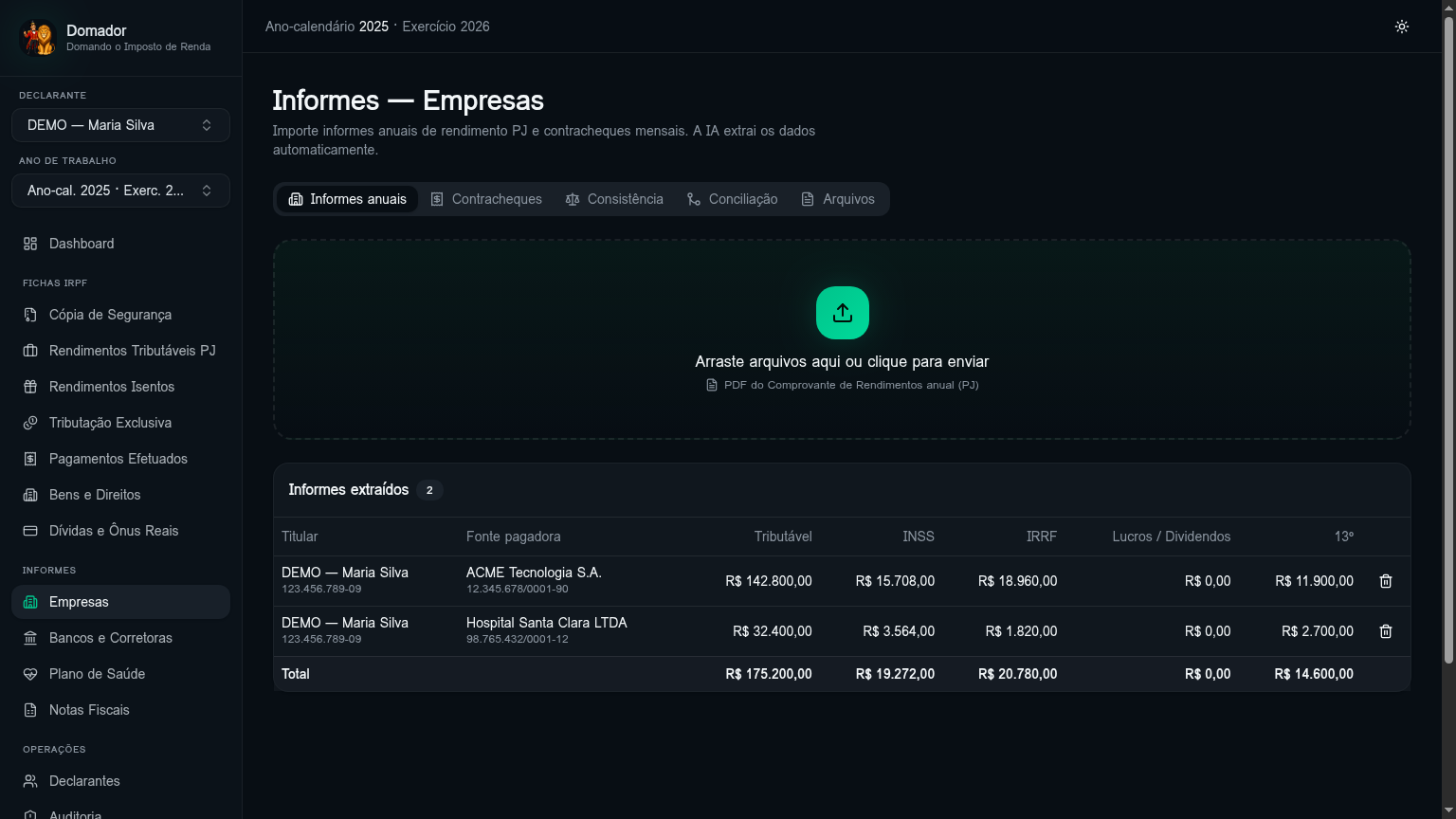 Tela de importação de informes de empresas no Domador