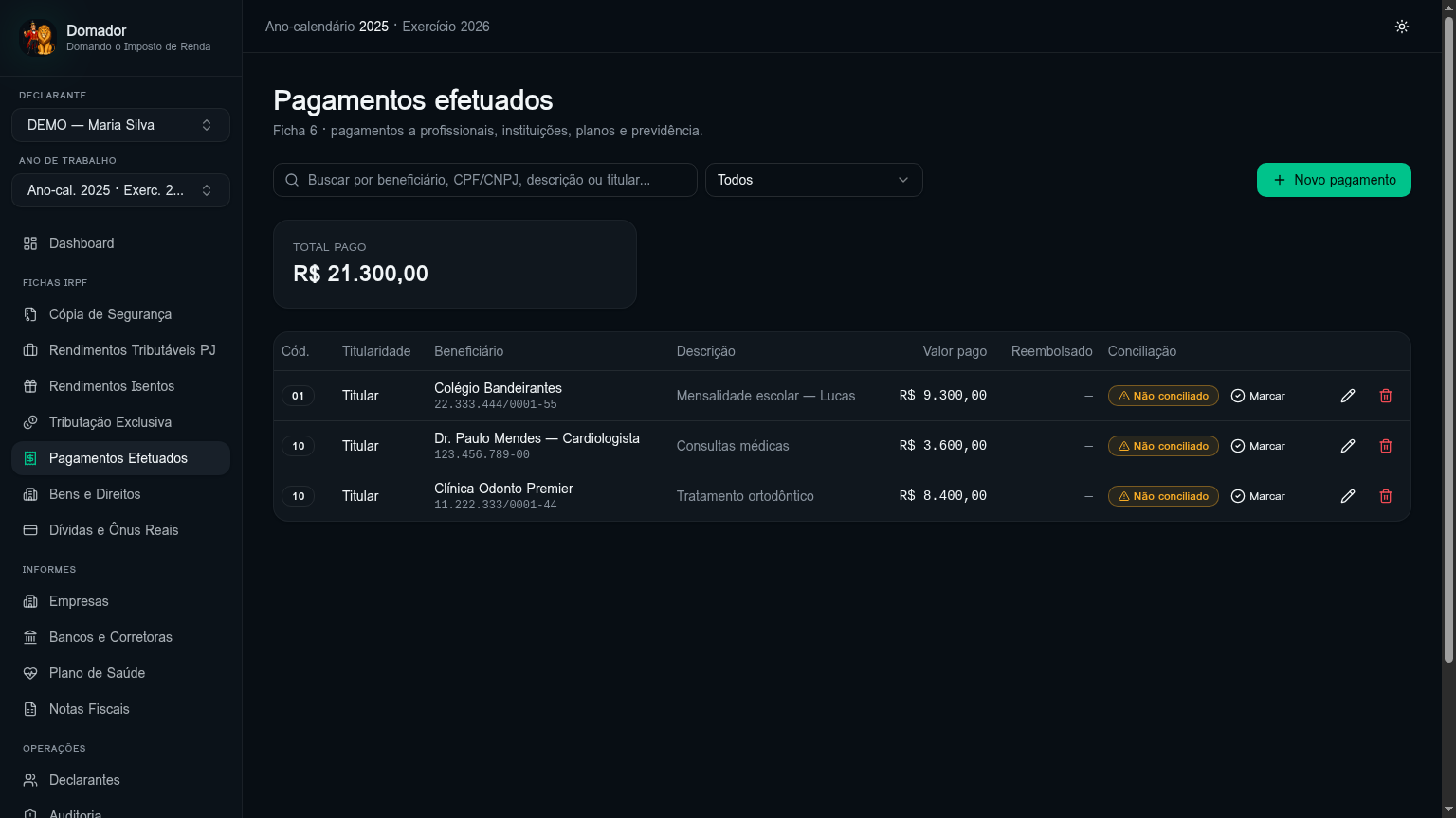 Tela de pagamentos efetuados conciliados pela IA